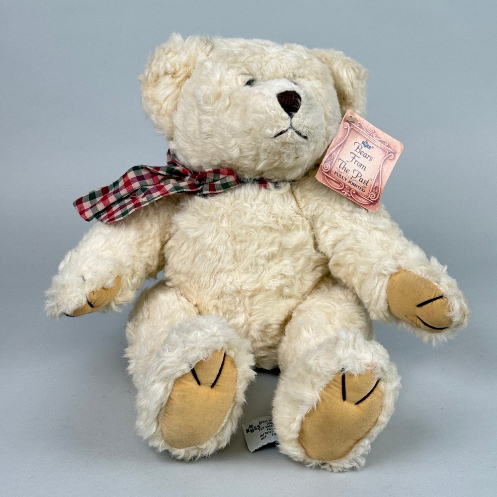 Russ Berrie Bears From The Past Plush 15" Cream Jointed Bear Excellent Plaid Bow